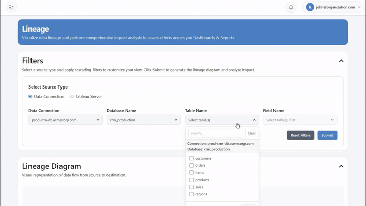 Rapid BI Catalog — Instant Impact Analysis interface showing affected Tableau objects